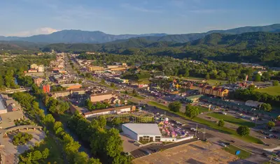 Aerial view of Pigeon Forge and the Smokies